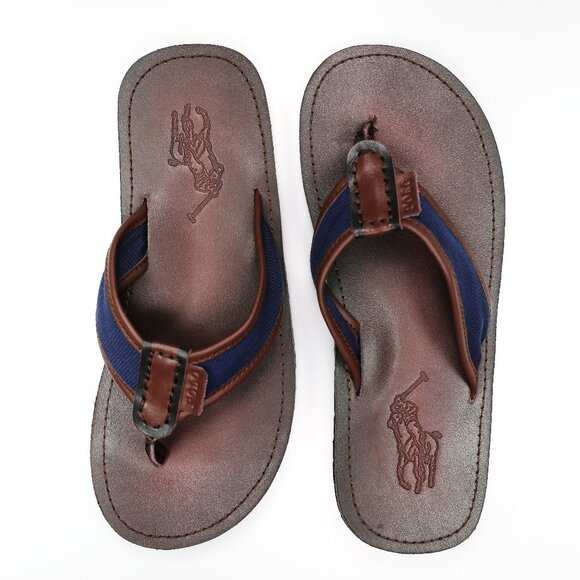 NWT Polo Ralph Lauren Sullivan Leather Flip Flops – Brown/Navy Size 9 - Picture 1 of 5